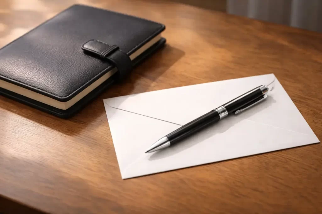 黒い手帳とペン、白い封筒が置かれたデスクの写真（弔事対応を考えるイメージ）