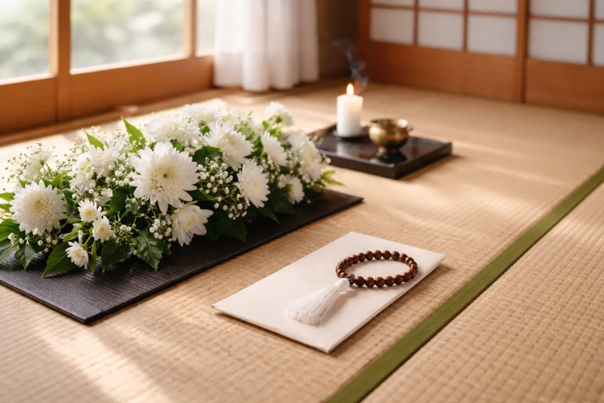 和室の一角に白い花と数珠、封筒が置かれた枕経のイメージ