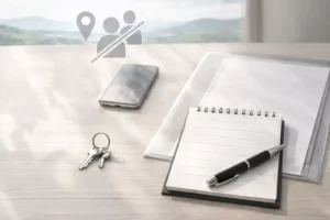 鍵とメモ帳、書類が置かれた立ち会いなし遺品整理の準備イメージ