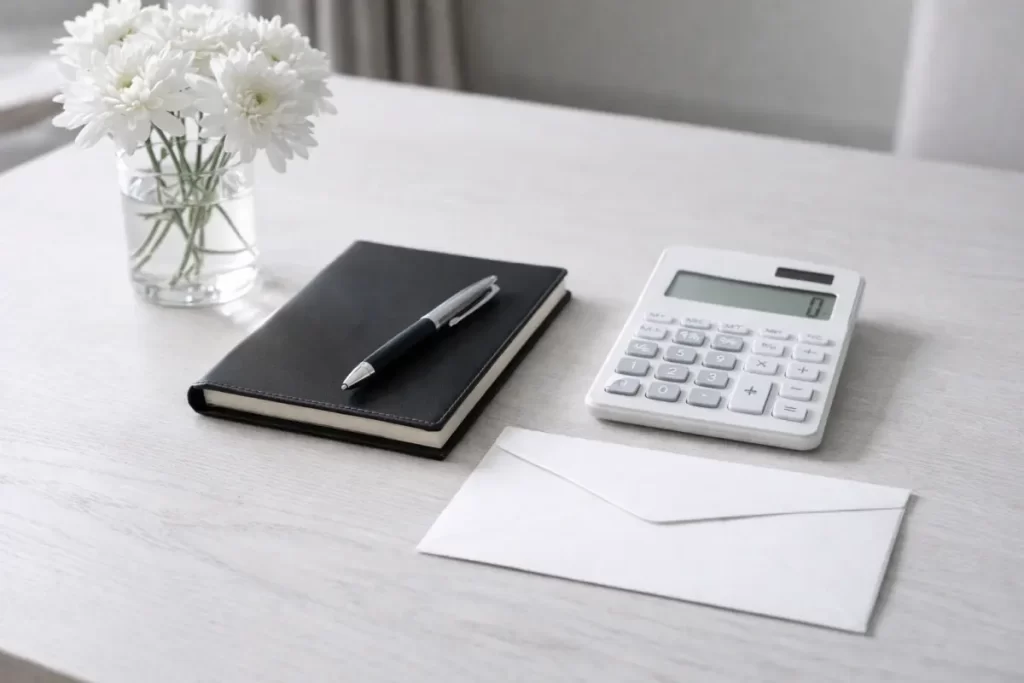 白い花と手帳、電卓、白い封筒が置かれた葬式の流れと費用を連想する写真