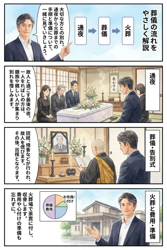葬式の流れをやさしく解説｜通夜〜葬儀〜火葬の手順と費用・お金の準備