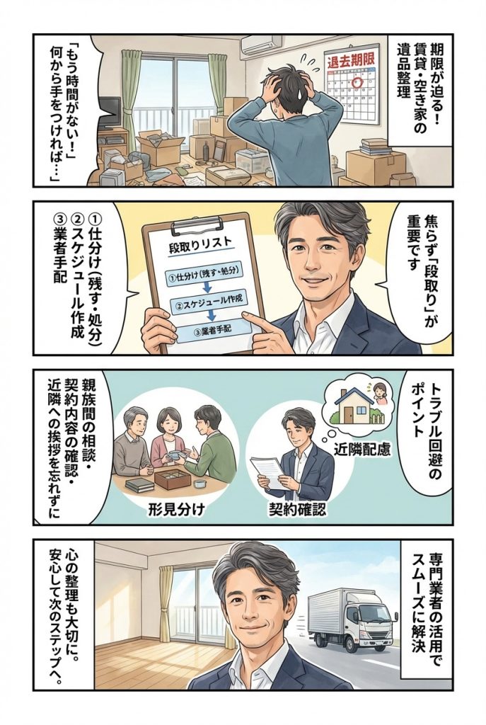 賃貸退去・空き家の遺品整理｜期限があるときの段取りとトラブル回避