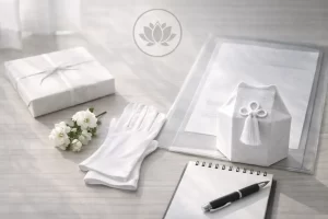 白い封筒と小箱、手袋が置かれた遺品供養の準備イメージ