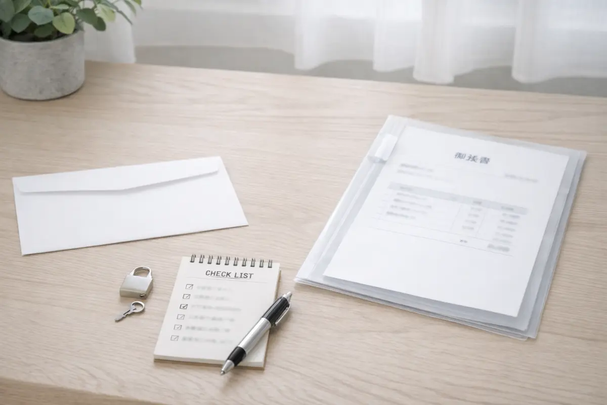 書類ファイルと封筒、鍵が置かれた遺品整理の貴重品確認イメージ