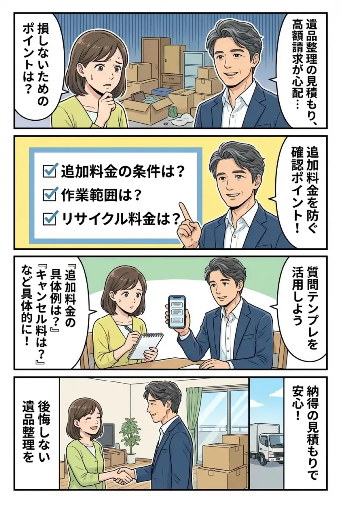 遺品整理の見積もりで損しない｜追加料金を防ぐ確認ポイントと質問テンプレ4