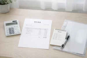 電卓とメモ帳、書類ファイルが置かれた遺品整理の見積もり確認イメージ