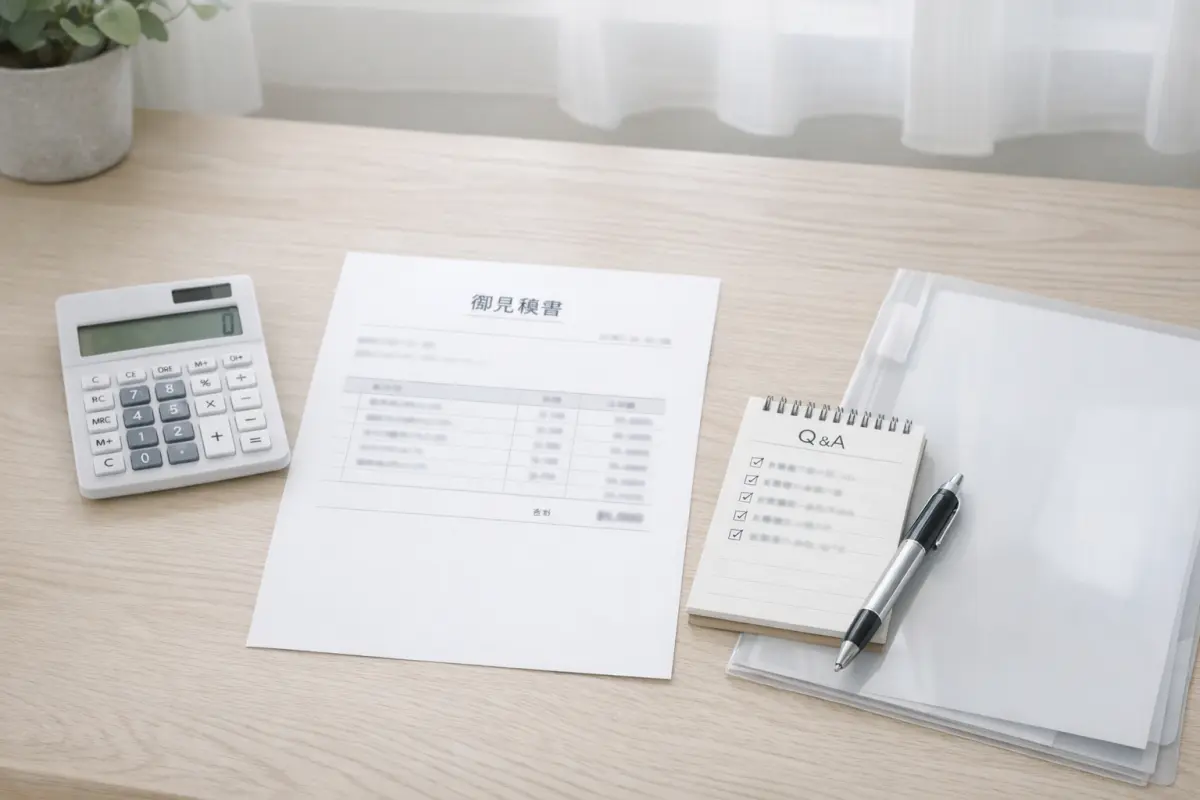 電卓とメモ帳、書類ファイルが置かれた遺品整理の見積もり確認イメージ