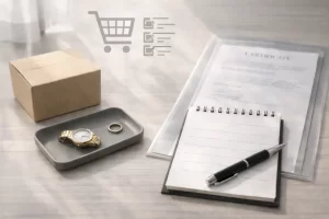 段ボールと書類ファイル、メモ帳が置かれた遺品買取の準備イメージ