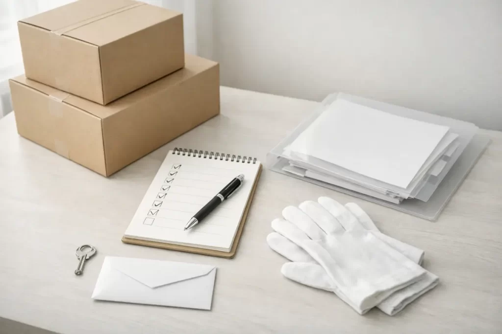 段ボールとメモ帳、クリアファイルが置かれた遺品整理の準備イメージ
