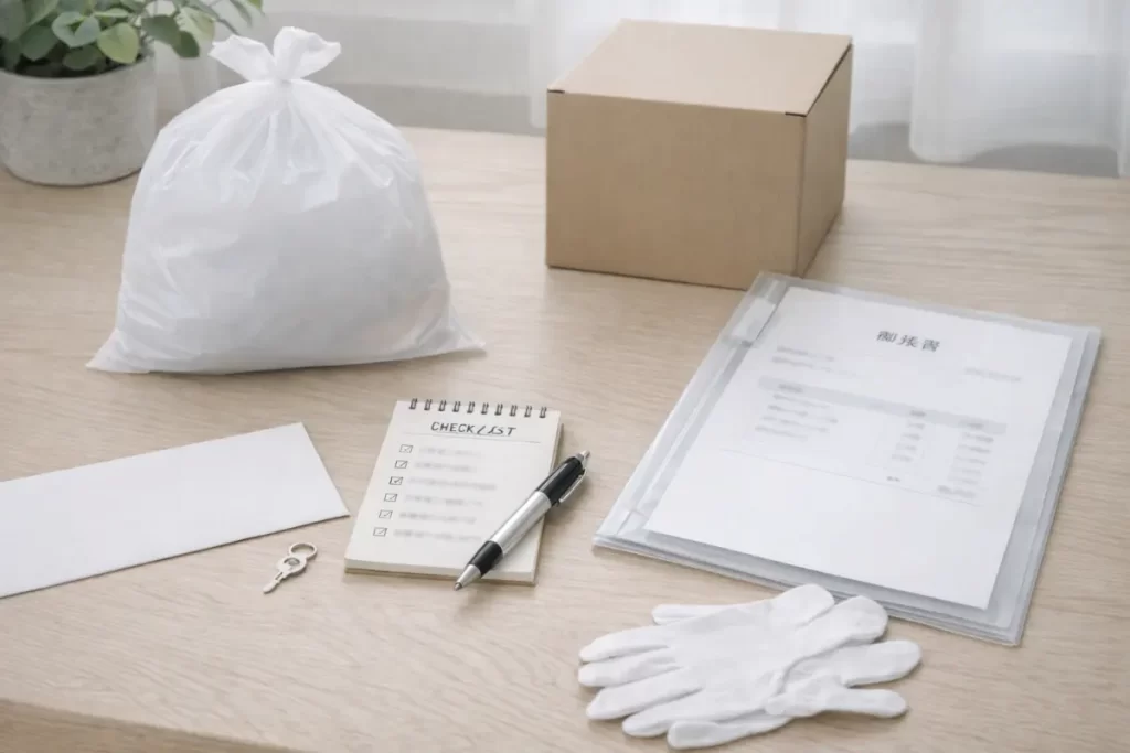 段ボールとメモ帳、手袋が置かれた遺品整理を自分で進める準備イメージ