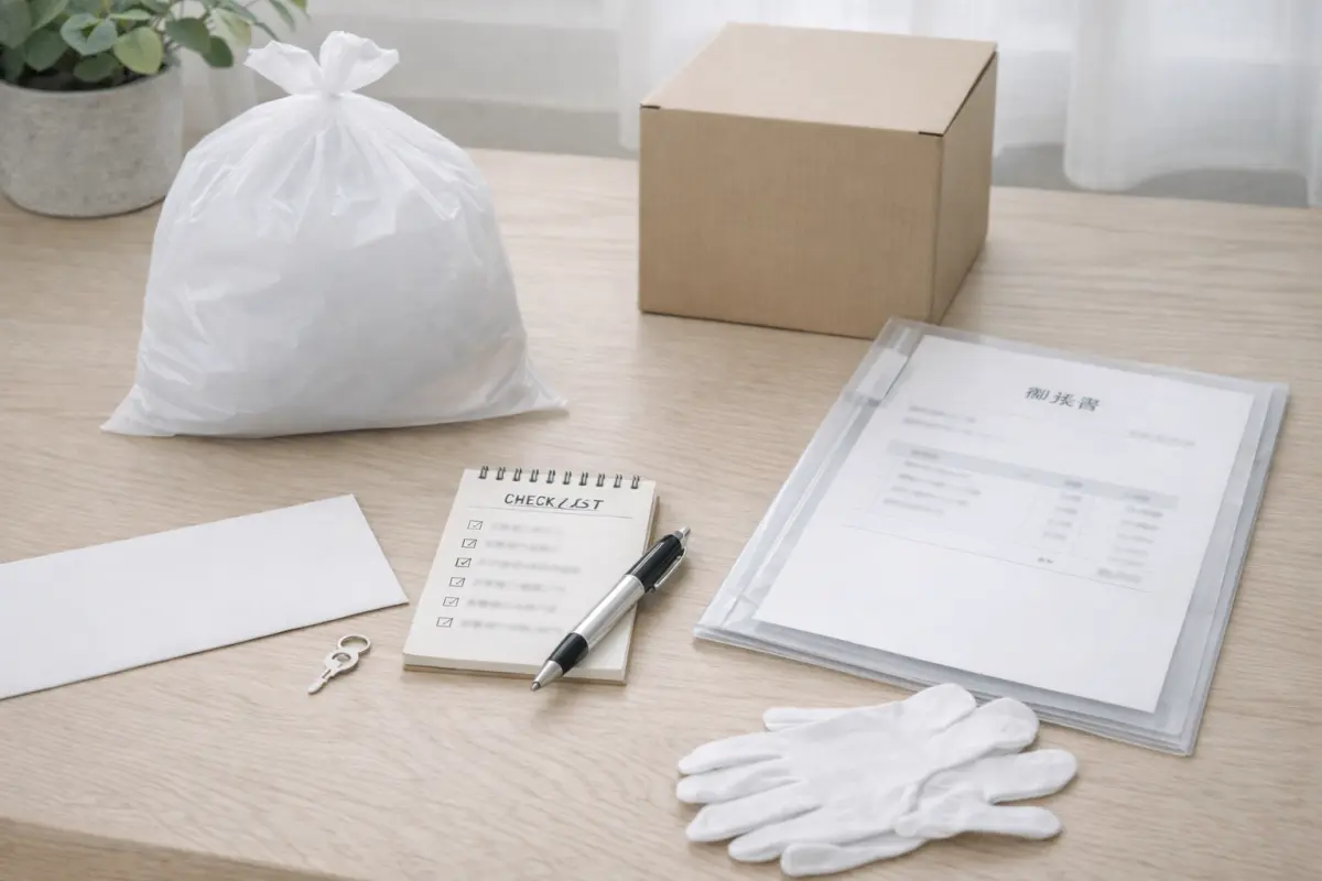 段ボールとメモ帳、手袋が置かれた遺品整理を自分で進める準備イメージ