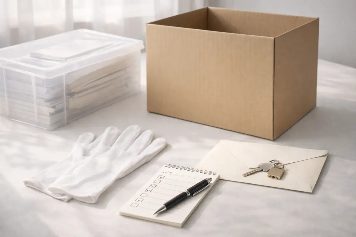 段ボールと手袋、メモ帳が置かれた遺品整理の準備イメージ