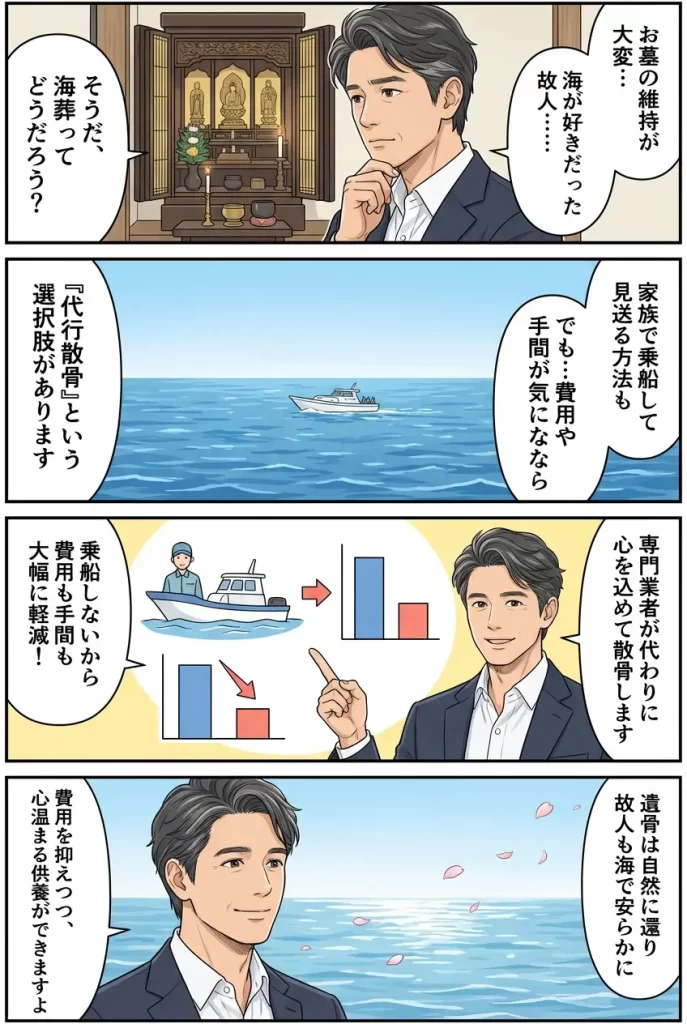 海葬【海洋散骨】の代行料金｜乗船なしで費用と手間を抑える選択肢4koma