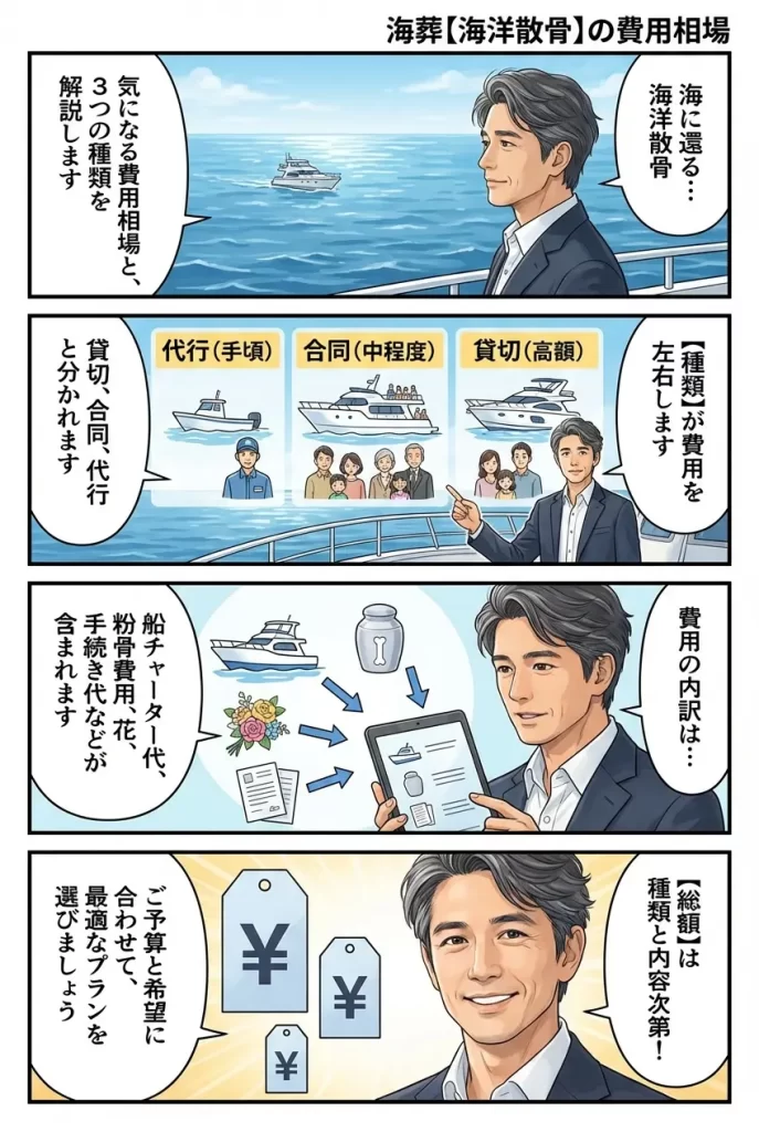 海葬【海洋散骨】の費用相場｜貸切・合同・代行の違いと総額の決まり方